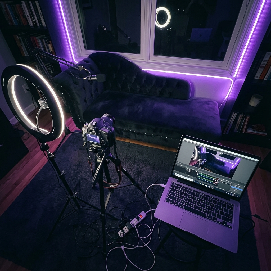 Professional streaming setup with camera angles optimized for anonymous content